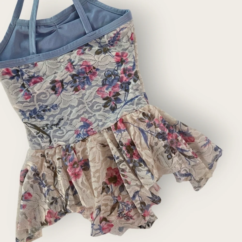 DANSCO Vintage Gym Foral Lace Leotard With Skirt. Size Small Fits 6 7.
